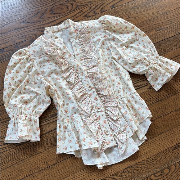Anthropologie Petersyn yellow Floral Ruffle short sleeve blouse, XS - Picture 2 of 2